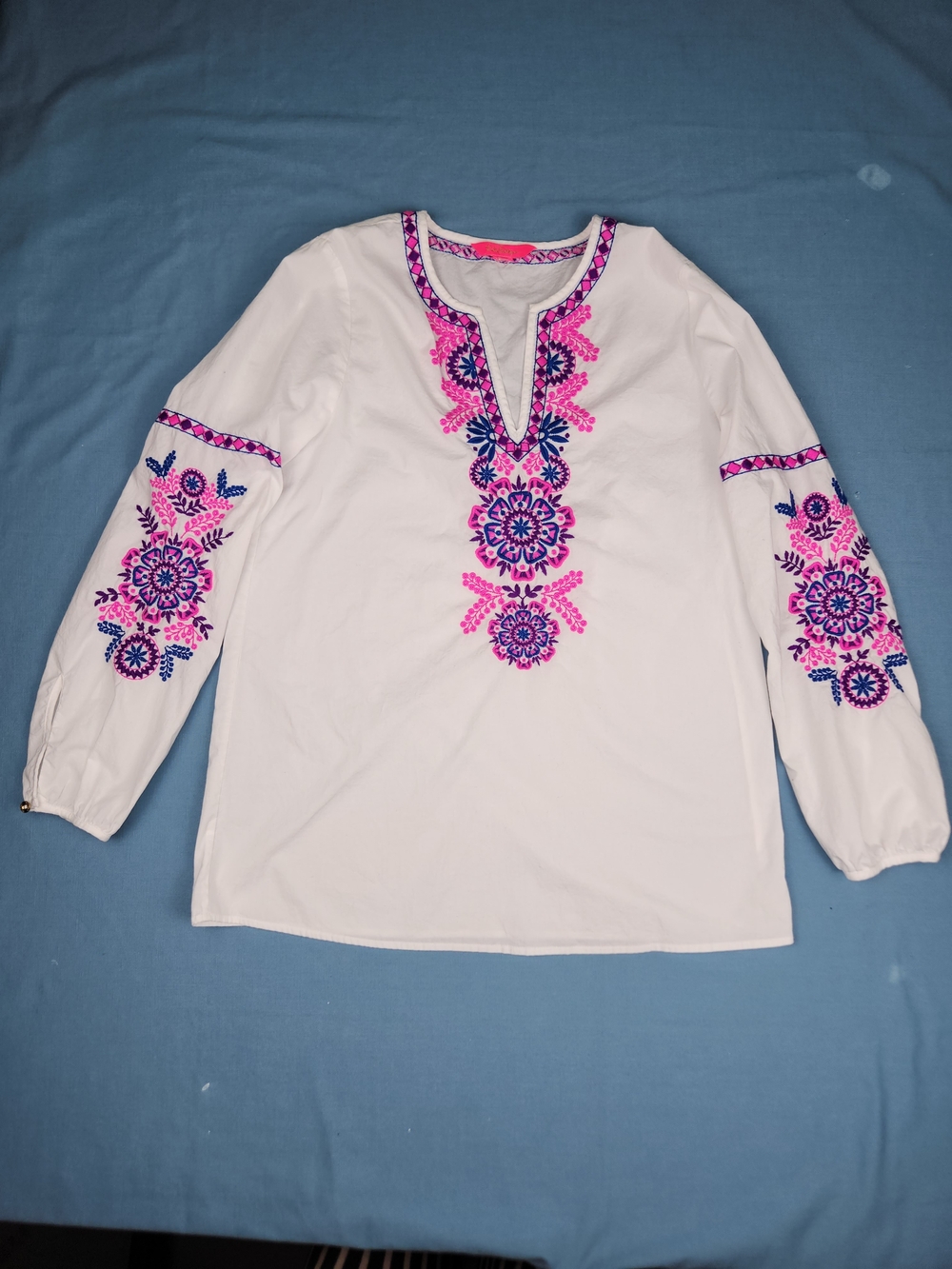 Lilly Pulitzer White Embroidered Tunic Top Pink Blue Boho Resort Chic